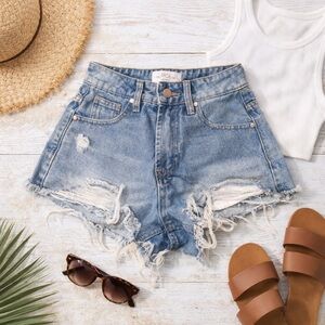 RISE Supply Co High Rise Distressed Denim Cutoff Shorts Size 0 Raw Hem Festival